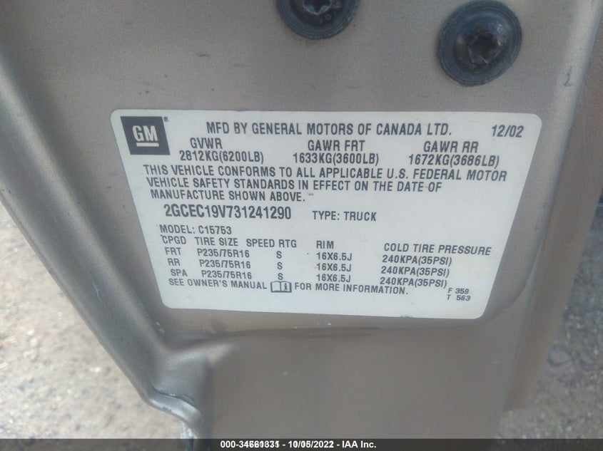 2003 Chevrolet Silverado 1500 Ls VIN: 2GCEC19V731241290 Lot: 34661331