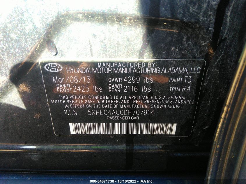 5NPEC4AC0DH707914 2013 Hyundai Sonata Se