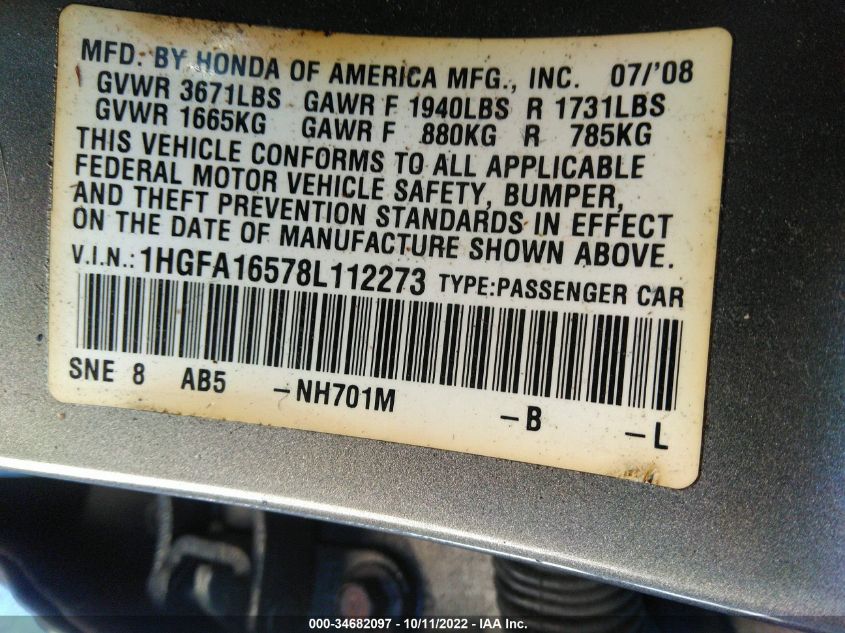 2008 Honda Civic Lx VIN: 1HGFA16578L112273 Lot: 34682097