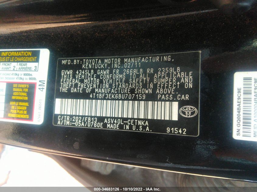 4T1BF3EK6BU707159 2011 Toyota Camry Le