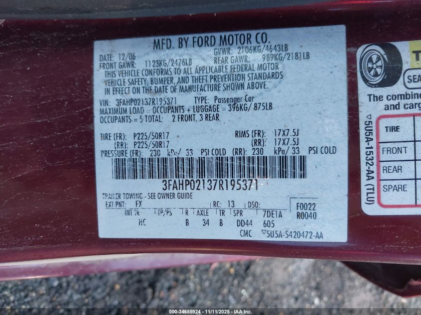 2007 Ford Fusion Sel VIN: 3FAHP02137R195371 Lot: 34685924