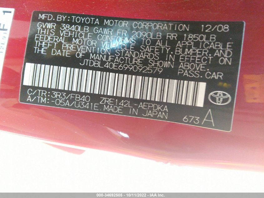 2009 Toyota Corolla Le VIN: JTDBL40E699092579 Lot: 34692505