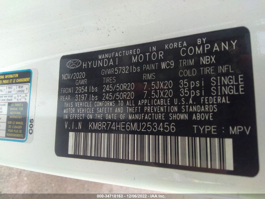 KM8R74HE6MU253456 2021 Hyundai Palisade Calligraphy