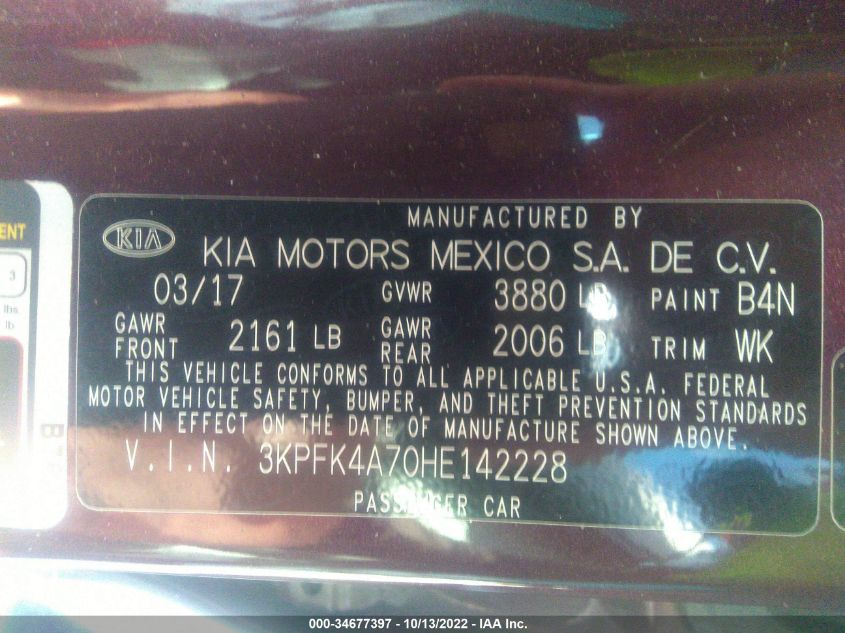 3KPFK4A70HE142228 2017 Kia Forte Lx