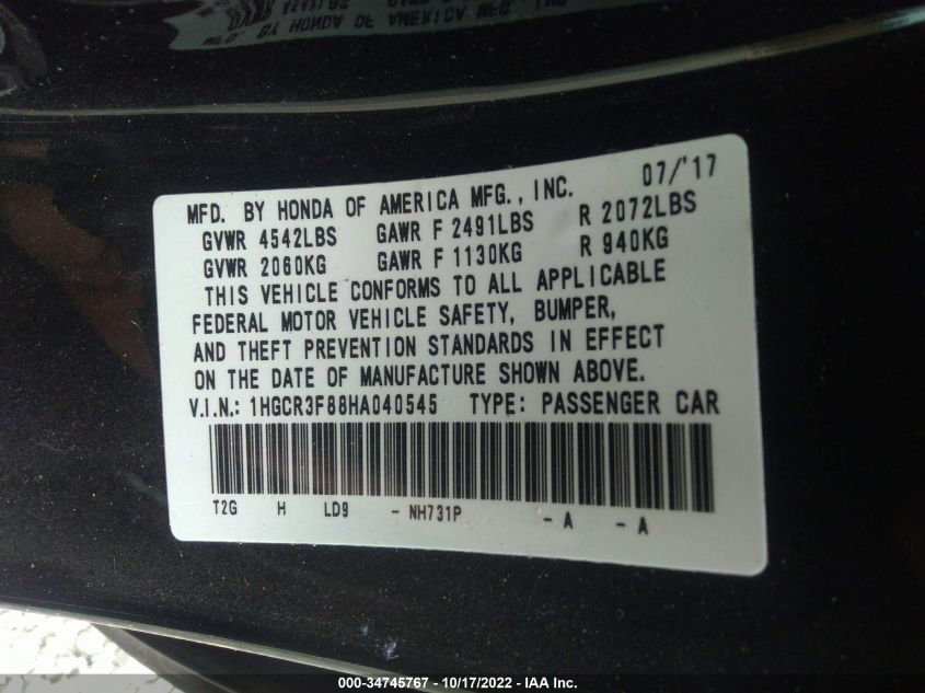 1HGCR3F88HA040545 2017 Honda Accord Ex-L V6