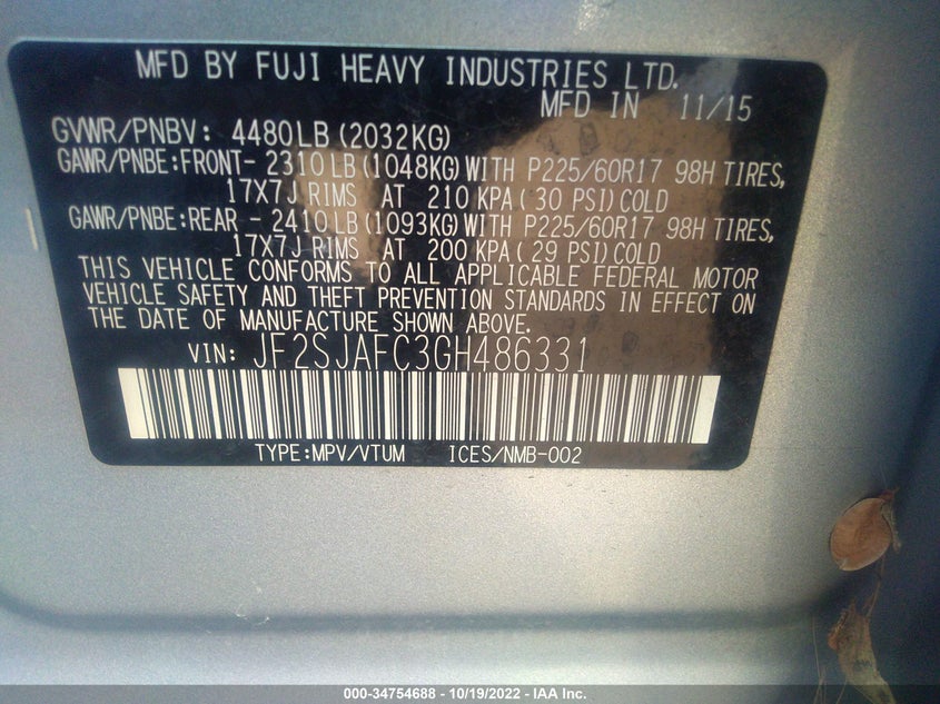 2016 SUBARU FORESTER VIN: JF2SJAFC3GH486331