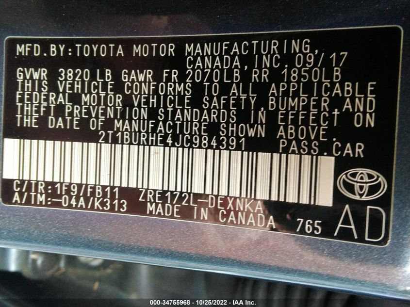 2T1BURHE4JC984391 2018 Toyota Corolla Le