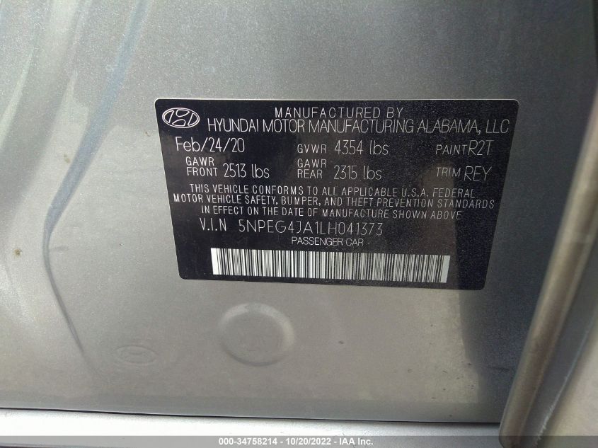 5NPEG4JA1LH041373 2020 Hyundai Sonata Se