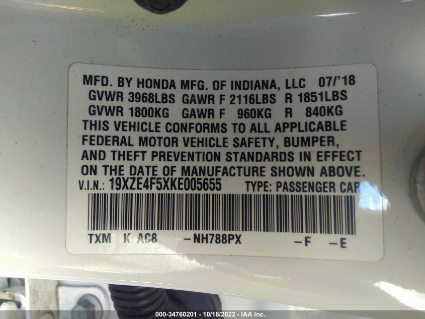 2019 Honda Insight Ex VIN: 19XZE4F5XKE005655 Lot: 34760201