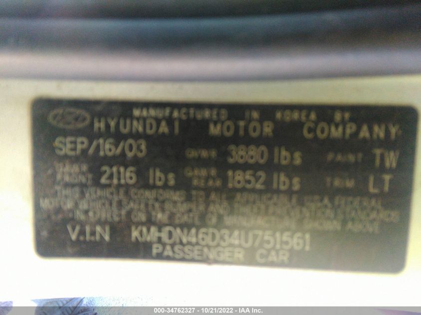 2004 Hyundai Elantra Gls/Gt VIN: KMHDN46D34U751561 Lot: 34762327