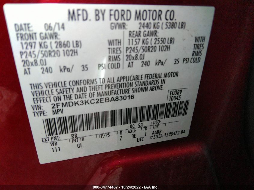 2FMDK3KC2EBA83016 2014 Ford Edge Limited