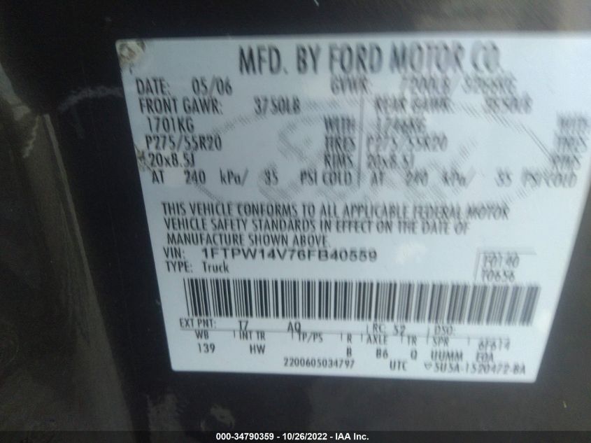 2006 Ford F-150 Xlt/Lariat/Fx4 VIN: 1FTPW14V76FB40559 Lot: 34790359