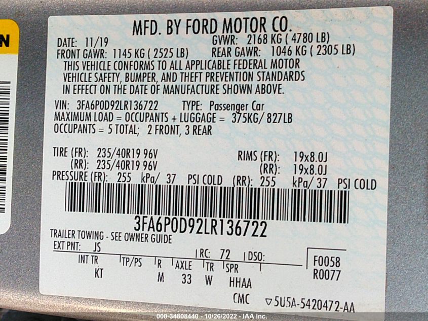 2020 Ford Fusion Titanium VIN: 3FA6P0D92LR136722 Lot: 34808440