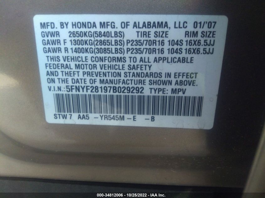2007 Honda Pilot Lx VIN: 5FNYF28197B029292 Lot: 34812006