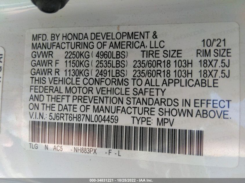 2022 Honda Cr-V Hybrid Ex-L VIN: 5J6RT6H87NL004459 Lot: 34831221