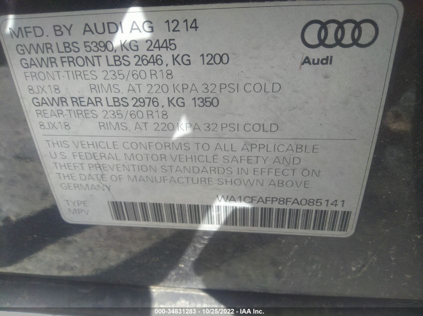 2015 Audi Q5 2.0T Premium VIN: WA1CFAFP8FA085141 Lot: 34831283