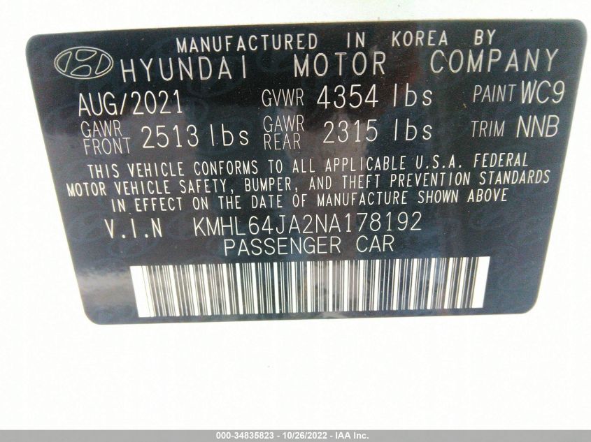 2022 Hyundai Sonata Sel VIN: KMHL64JA2NA178192 Lot: 34835823