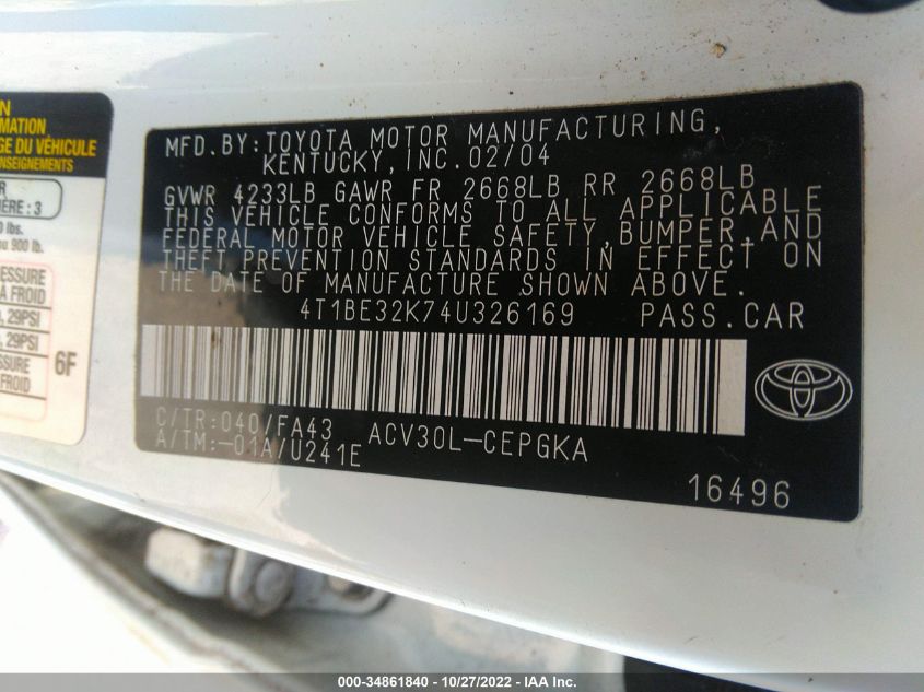 4T1BE32K74U326169 2004 Toyota Camry Xle