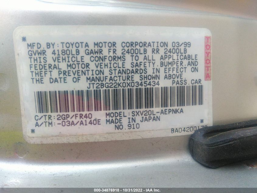 1999 Toyota Camry Le/Xle/Ce VIN: JT2BG22K0X0345434 Lot: 34876918