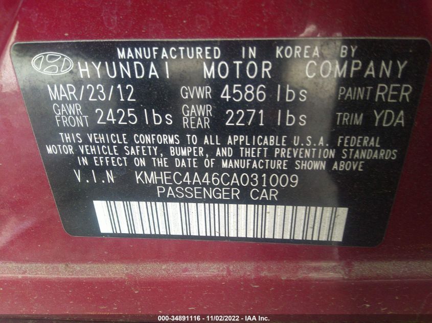 2012 Hyundai Sonata Hybrid VIN: KMHEC4A46CA031009 Lot: 34891116