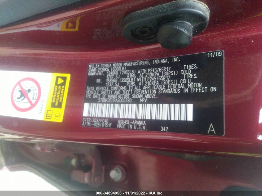 2010 TOYOTA HIGHLANDER VIN: 5TDBK3EH7AS005780