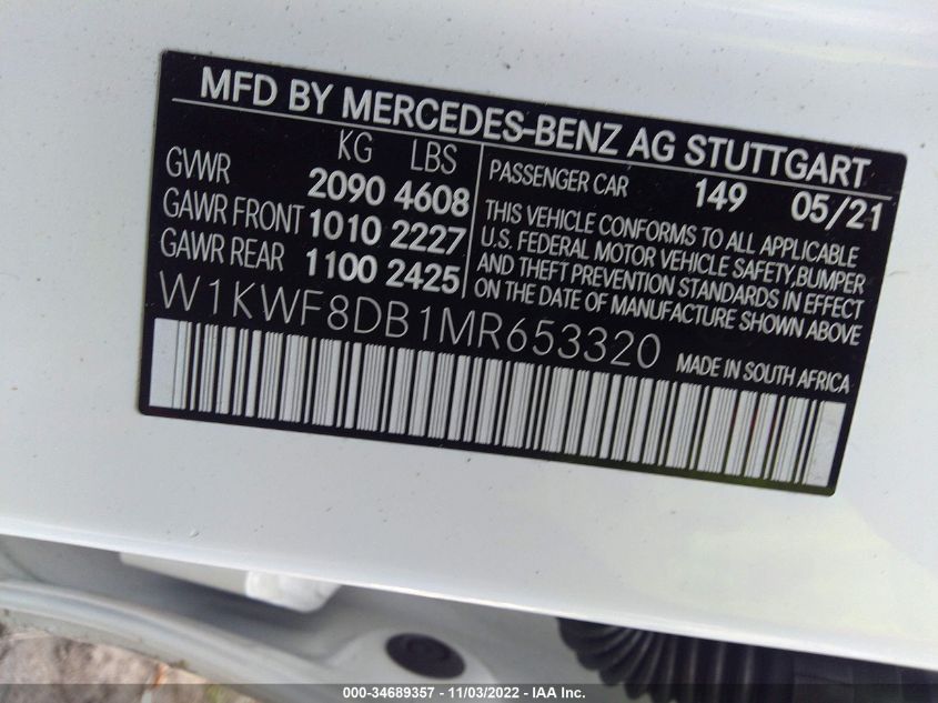 2021 Mercedes-Benz C 300 VIN: W1KWF8DB1MR653320 Lot: 34689357