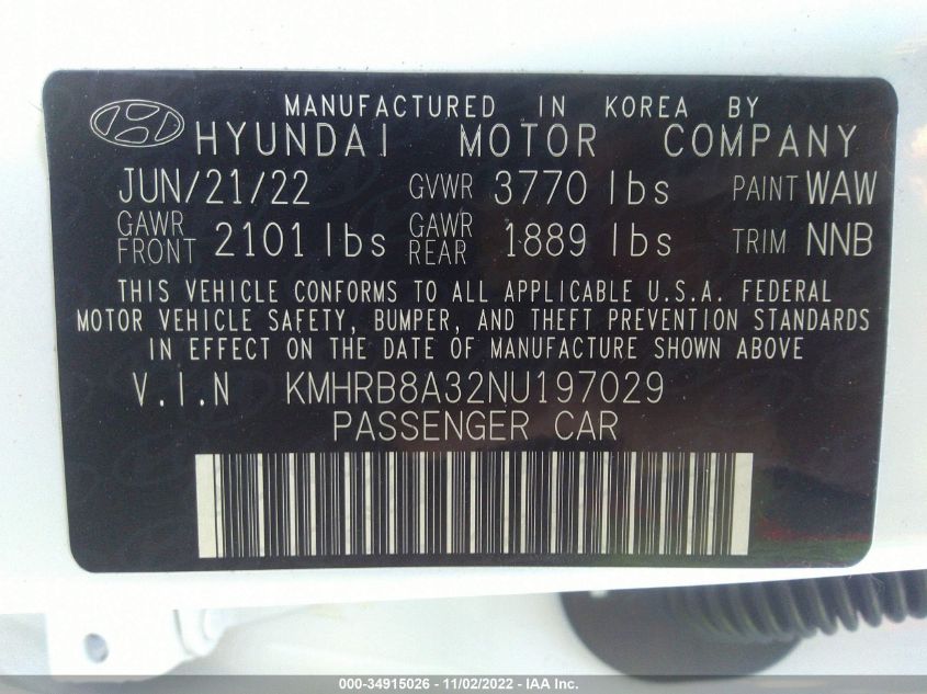 2022 Hyundai Venue Se VIN: KMHRB8A32NU197029 Lot: 34915026