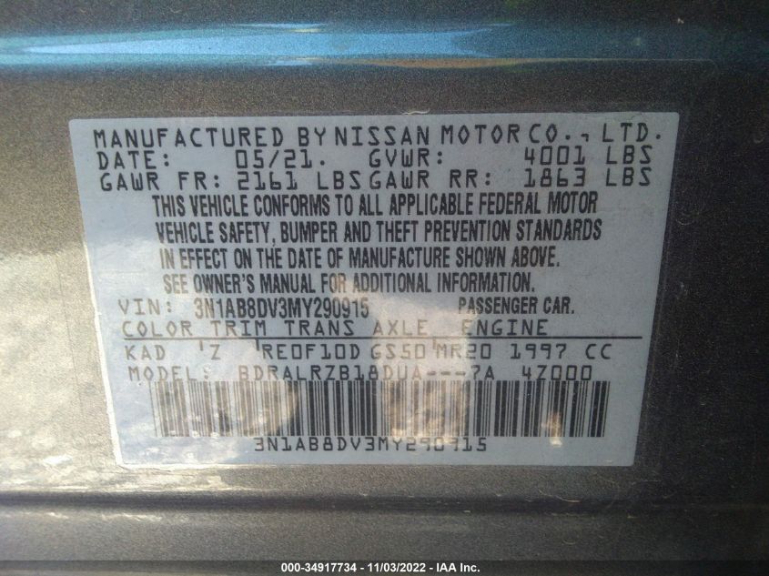 2021 Nissan Sentra Sr Xtronic Cvt VIN: 3N1AB8DV3MY290915 Lot: 34917734