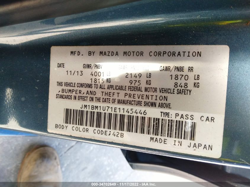 JM1BM1U71E1145446 2014 Mazda Mazda3 I Sport