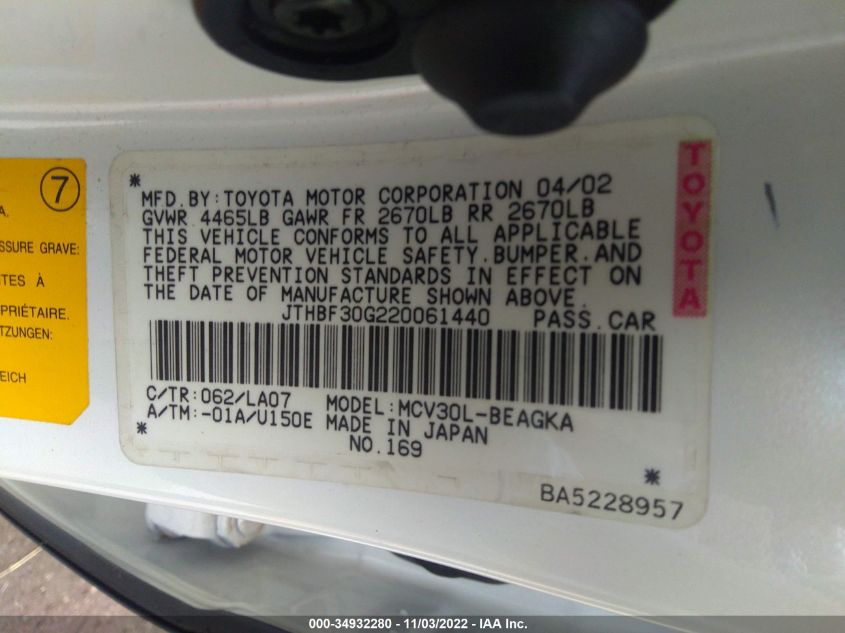 2002 Lexus Es 300 Base (A4) VIN: JTHBF30G220061440 Lot: 34932280