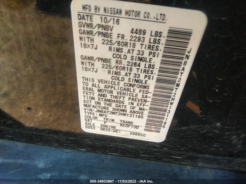 2017 Nissan Rogue Sl VIN: JN8AT2MT2HW131195 Lot: 34933667
