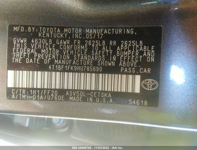 4T1BF1FK9HU785690