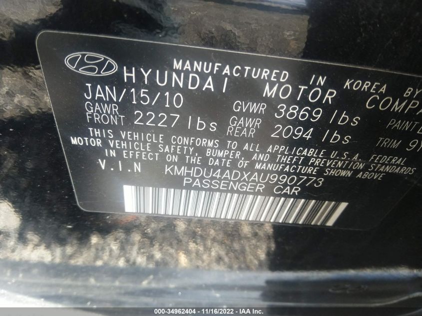 2010 Hyundai Elantra Gls VIN: KMHDU4ADXAU990773 Lot: 34962404