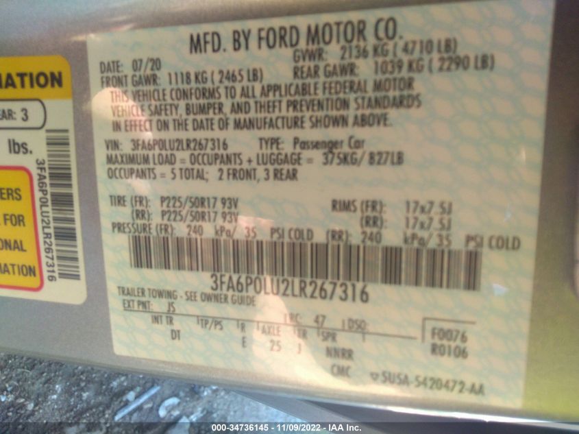 2020 Ford Fusion Hybrid Se VIN: 3FA6P0LU2LR267316 Lot: 34736145