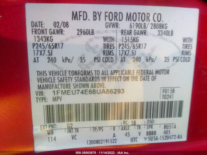 1FMEU74E68UA86293 2008 Ford Explorer Eddie Bauer