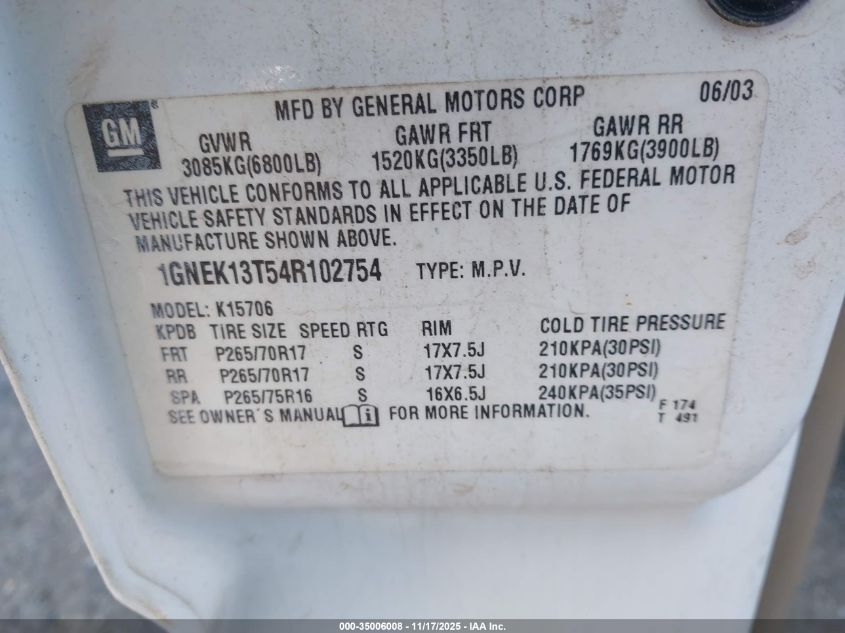 2004 Chevrolet Tahoe Z71 VIN: 1GNEK13T54R102754 Lot: 35006008