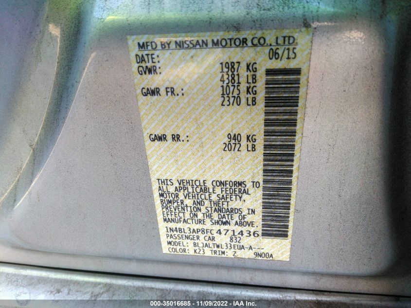 2015 Nissan Altima 3.5 S/3.5 Sl/3.5 Sv VIN: 1N4BL3AP8FC471436 Lot: 35016685