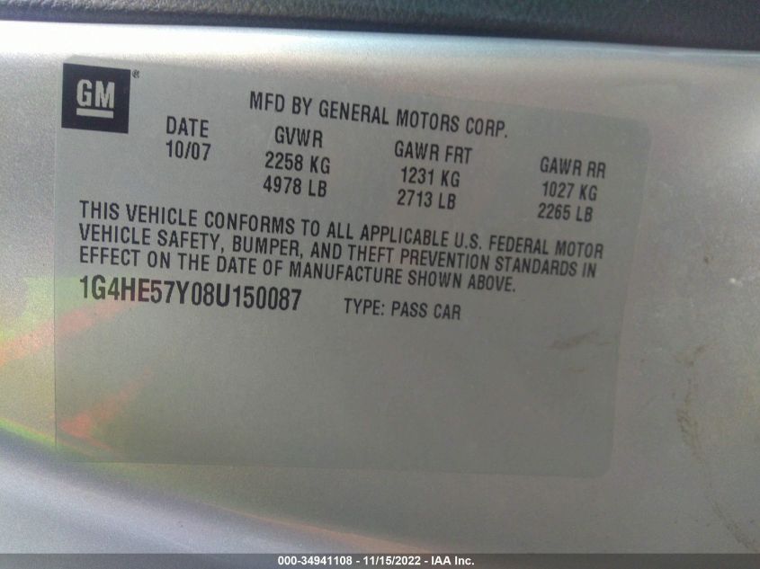 2008 Buick Lucerne Cxs VIN: 1G4HE57Y08U150087 Lot: 34941108