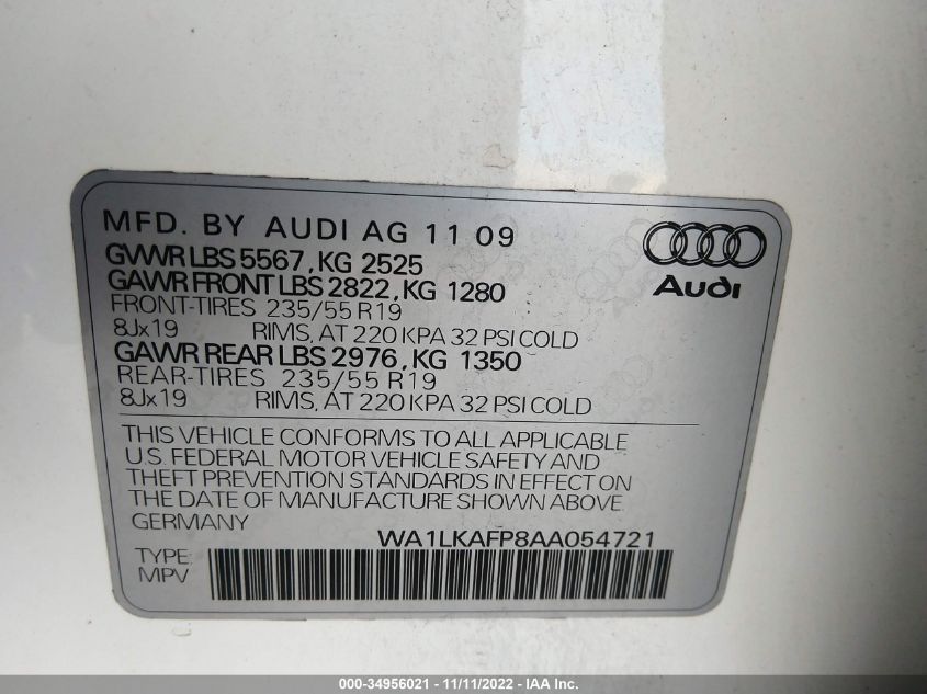 2010 Audi Q5 3.2 Premium VIN: WA1LKAFP8AA054721 Lot: 34956021