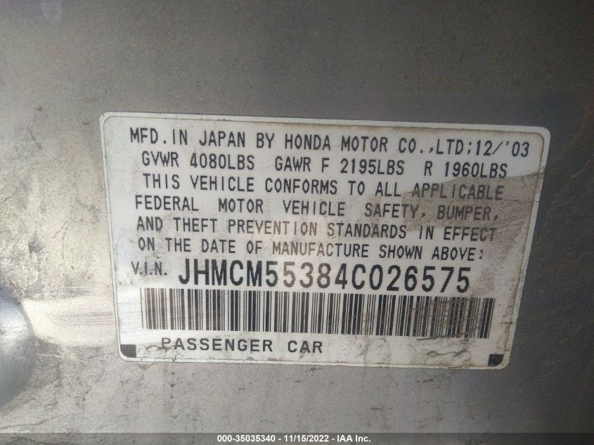 JHMCM55384C026575 2004 Honda Accord 2.4 Lx