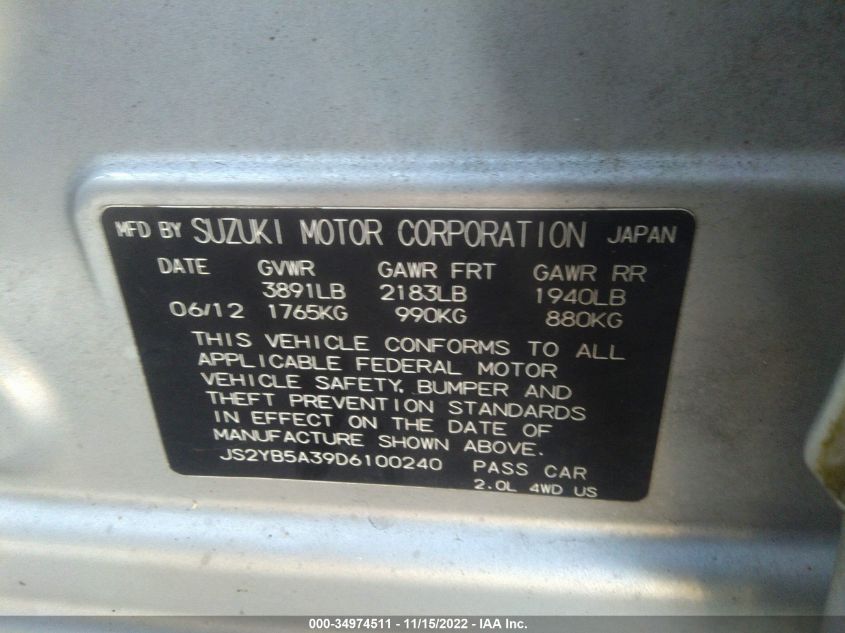 VIN JS2YB5A39D6100240 2013 Suzuki SX4, Crossover Pr... no.9