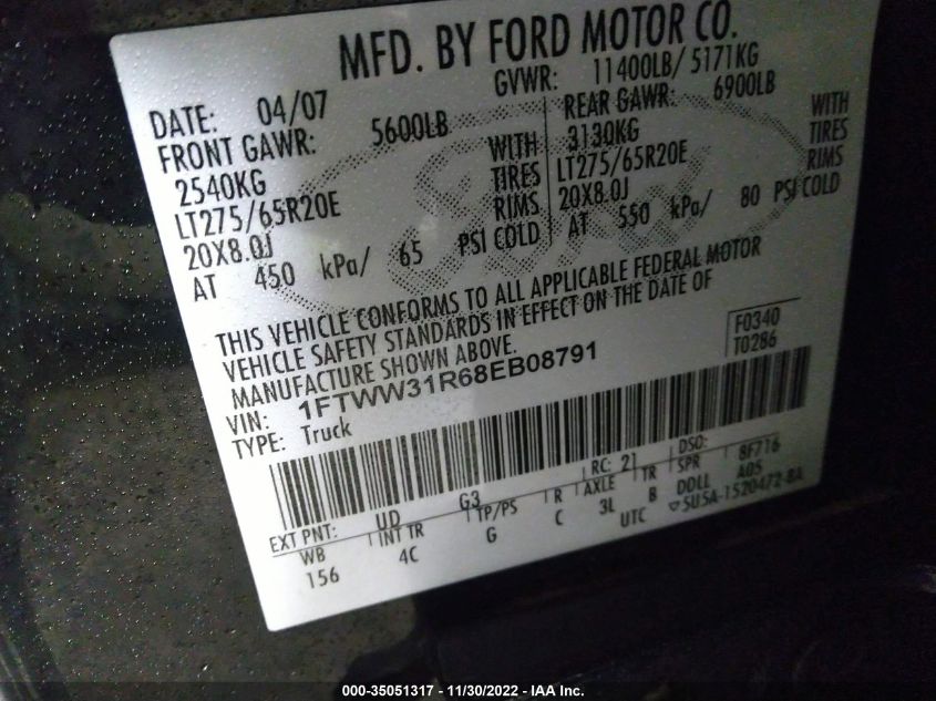 2008 Ford Super Duty F-350 Srw Xl/Xlt/Fx4/Lariat VIN: 1FTWW31R68EB08791 Lot: 35051317