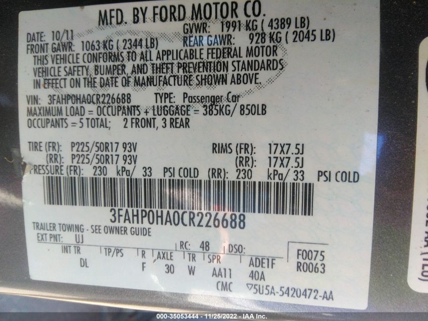 2012 Ford Fusion Se VIN: 3FAHP0HA0CR226688 Lot: 35053444