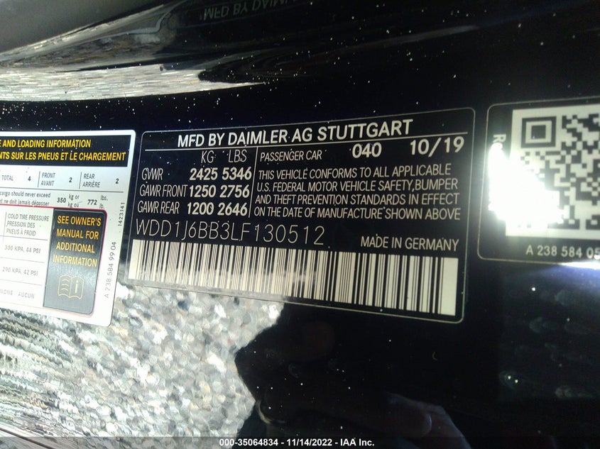 2020 MERCEDES-BENZ E-CLASS VIN: WDD1J6BB3LF130512