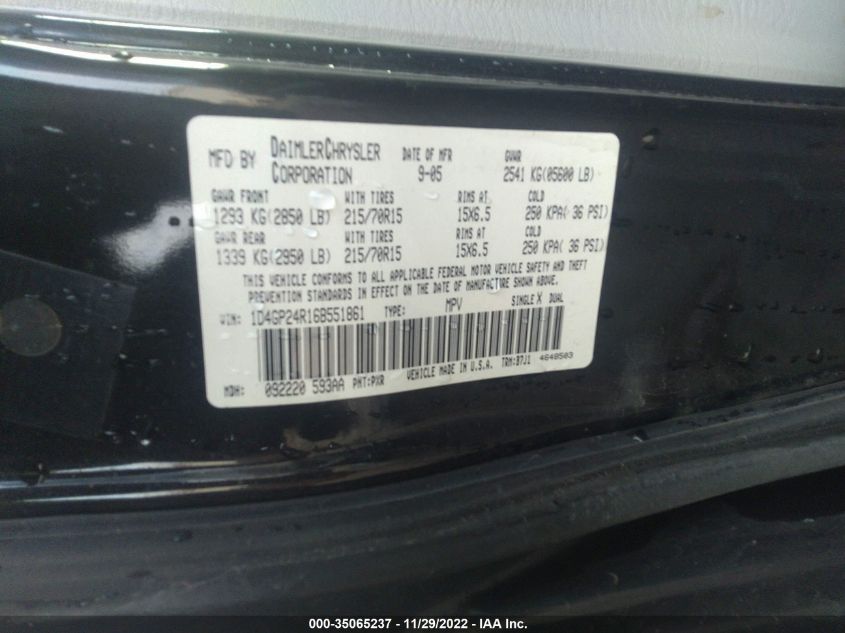 2006 Dodge Grand Caravan VIN: 1D4GP24R16B551861 Lot: 40628701