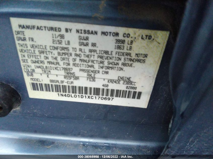 1999 Nissan Altima Se-L/Gxe/Gle/Xe/Se VIN: 1N4DL01D1XC170697 Lot: 35065954