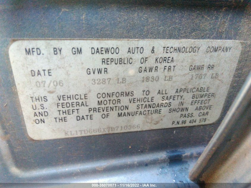 2007 Chevrolet Aveo Ls VIN: KL1TD666X7B710366 Lot: 35070871