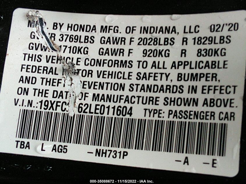 2020 Honda Civic Lx VIN: 19XFC2F62LE011604 Lot: 35088672