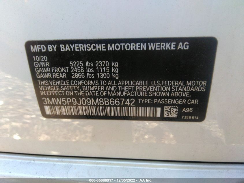 2021 BMW 3 Series 330E xDrive VIN: 3MW5P9J09M8B66742 Lot: 35088917