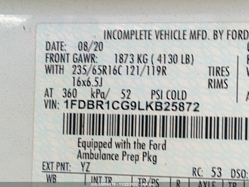 2020 Ford Transit-250 Cargo Van VIN: 1FDBR1CG9LKB25872 Lot: 35096870